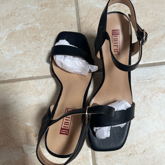 Women's Chunky Heels Square Toe block Sandals Wedding Prom - black pu leather 7 - Picture 7 of 8